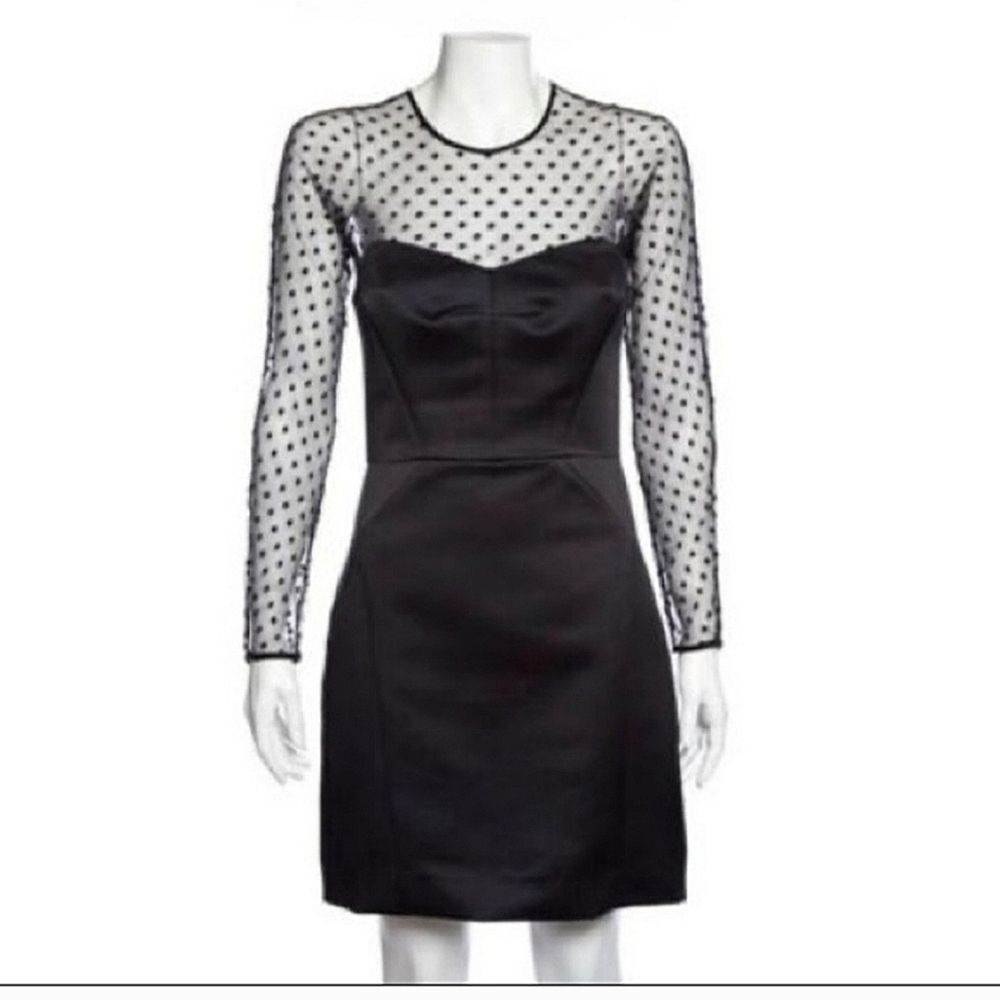 Milly Black Satin Polka Dot Sheer Sleeve Cocktail Dress
